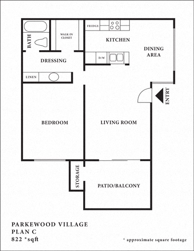Floor plan for 1 bed, 1 bath, 822 sqft